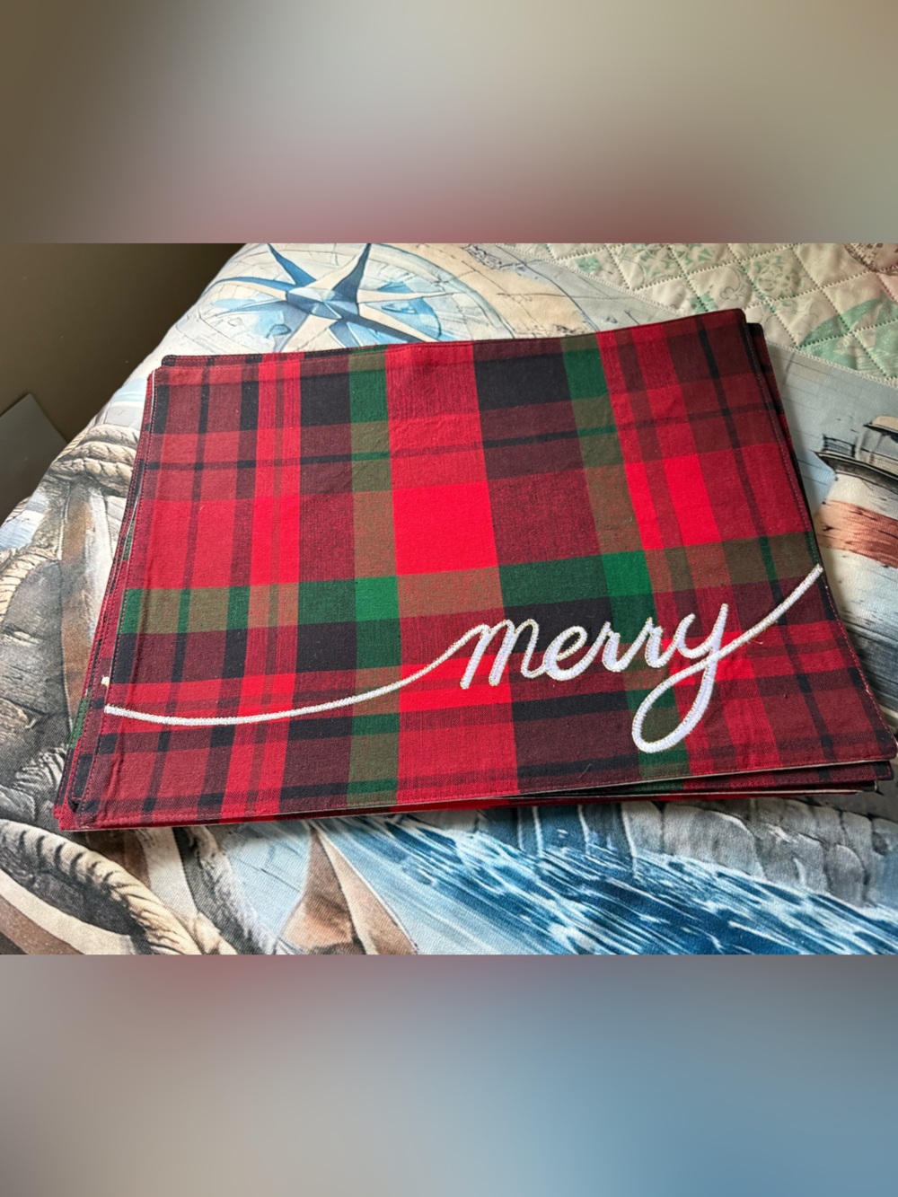 Set of Holiday Plaid 'Merry' Placemats